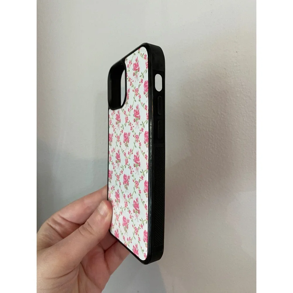 iPhone 13 Mini Case Unisex OS White Pink Floral Rose Trellis Bumper Cover